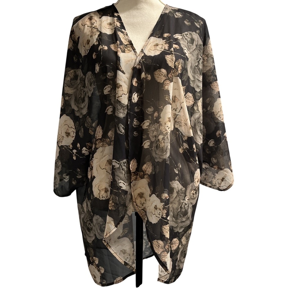 Black Floral Kimono Topper Sheer Open Front Cover Up Size 3XL Lightweight Layer